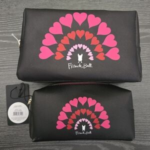 French Bull 2pc Cosmetic Bag Set French Bulldog Makeup Black Red Pink Hearts NWT
